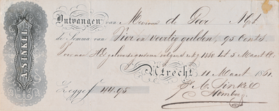 712051 Kwitantie van A. Sinkel, [Magazijnen van Manufacturen, Heeren en Dames Confecties, enz.], Oude Gracht G 11-15 te ...